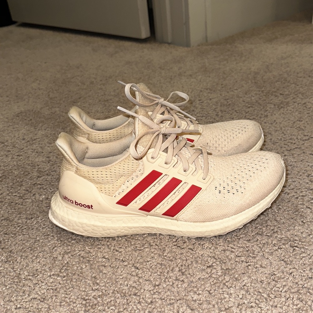 Adidas ultra boost running shoes tan and red